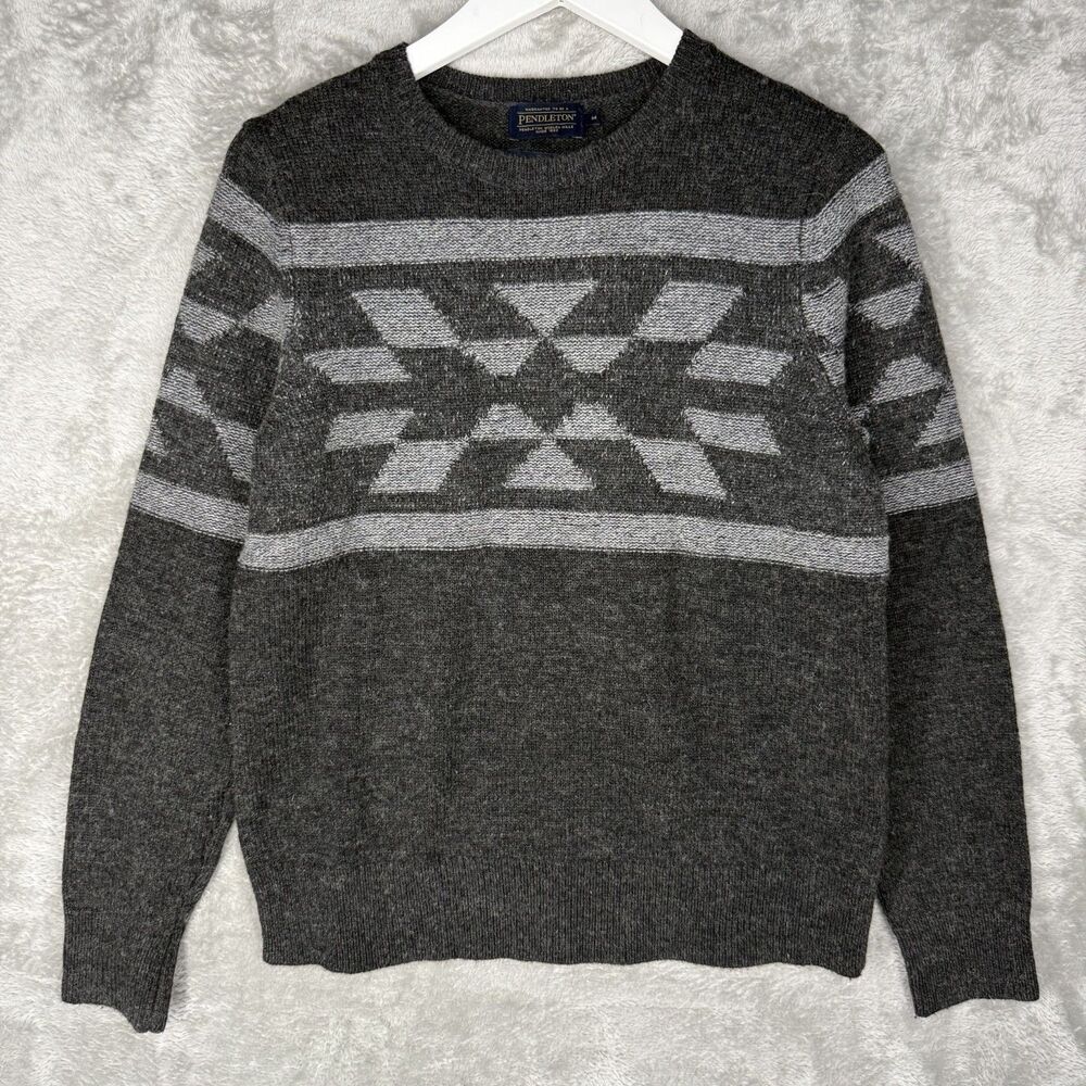 Pendleton Sweater Mens Medium Washable Wool Gray Aztec Patterned Pullover Crew